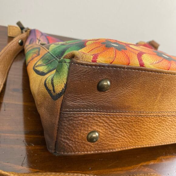 Anuschka Hand Painted Multi Pocket Hobo Leather Crossbody Bag Cat Floral Motif - Picture 13 of 14